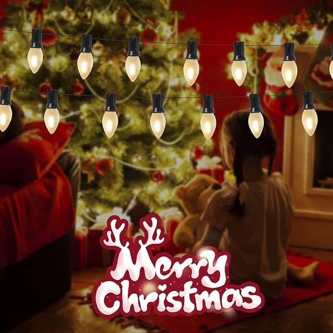 C7 LED Christmas Lights 25Ft Frosted White Outdoor String Lights with 27 Warm White LED Bulbs (2 Spare), Vintage | Lumora