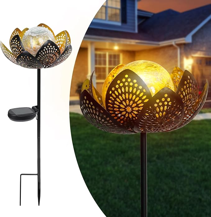 Afirst Solar Lights Outdoor, Garden Lotus Stake Lights Waterproof Decorative Pathway Light Metal Crackle Glass Solar Light Landscape for Garden,Patio,Lawn,Walkway,Tabletop,Pathway,Yard Decor, Golden