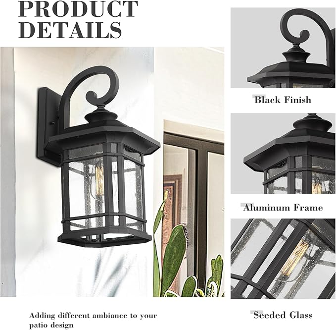Emliviar Outdoor Wall Lights for House, 1-Light Exterior Wall Sconce Black Finish with Clear Seeded Glass, 17" | Lumora