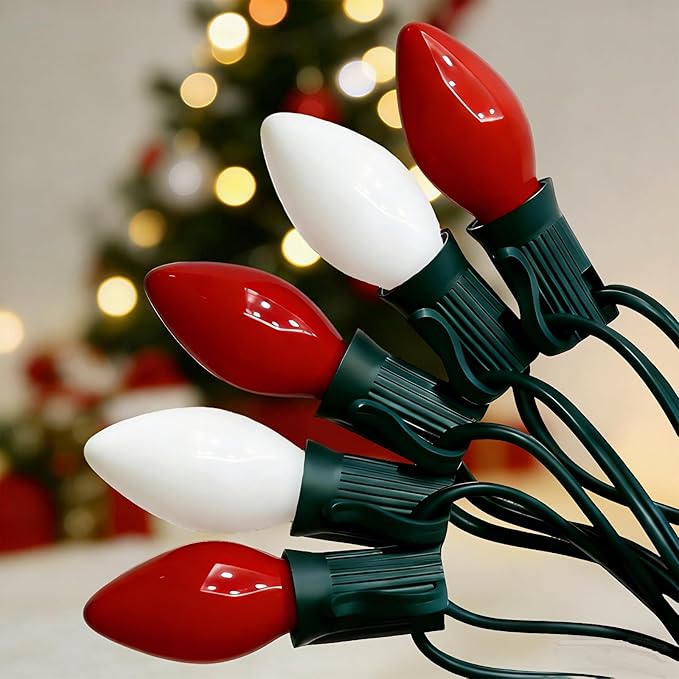 C7 LED Christmas String Lights, 25Ft Red White Christmas String Lights with 27 LED Red White Ceramic Bulbs, Connectable Vintage Valentine Lights for Patio Garden Wedding Party Decor