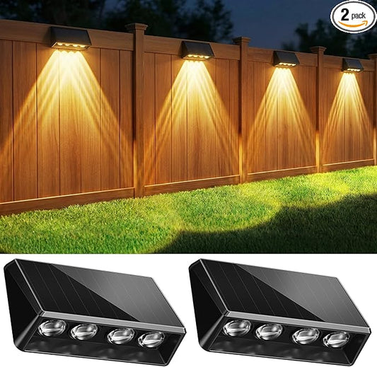 2 Pack Solar Fence Lights Outdoor, Bigger & Brighter 4-LED Fence Lights Solar Powered with 3 Modes, IP65 Waterproof Solar Lights for Outside, Backyard, Patio, Yard, Railing, Wall, Pool
