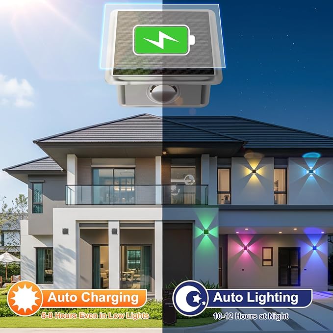 Solar Fence Lights Outdoor, New 4-Way Lighting Fence Lights Solar Powered with 8 Modes Warm White/RGB, IP65 Waterproof Solar Wall Light for Backyard Wall Pathway Deck Patio Decor - 8 Pack