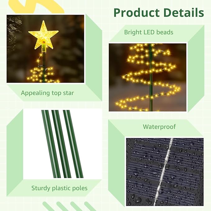 2-Pack Solar Metal Christmas Tree Led Lights, Waterproof Outdoor Solar Pathway Lights For Garden And Patio