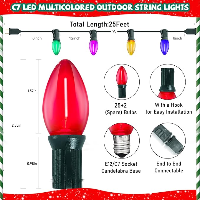 25Ft Multicolor C7 Vintage Outdoor String Lights with 27 LED Bulbs(2 Spare), Waterproof for Patio Garden Party Wedding Holiday Decorations-Green Wire