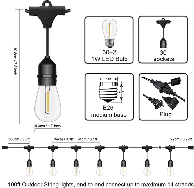 Outdoor String Lights LED 100FT Commercial Grade Heavy Duty Light String Lights with 30 Sockets 32 Shatterproof | Lumora