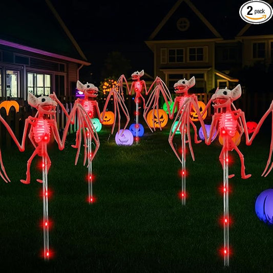 2PCS of Set Solar Garden Lights Outdoor for Halloween Decorations,3D RED Scary Bat Realistic Skeleton Decor for Halloween Party Decor,Solar Bats Path Lights for Lawn/Porch/Creepy Grave Décor