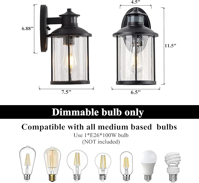 MICSIU 11.5" Motion Sensor Outdoor Wall Light, 3-Mode Dusk to Dawn Exterior Fixture with Clear Seedy Glass, Matte Black Anti-Rust Porch Light, 100W Max Security Sconce for Front Door, Garage