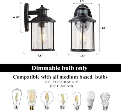 MICSIU 11.5" Motion Sensor Outdoor Wall Light, 3-Mode Dusk to Dawn Exterior Fixture with Clear Seedy Glass, Matte Black Anti-Rust Porch Light, 100W Max Security Sconce for Front Door, Garage