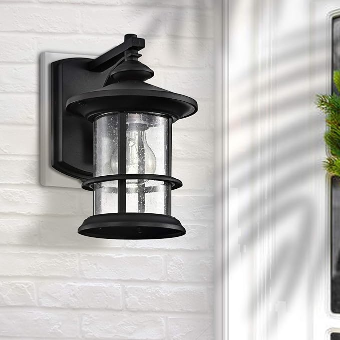 MICSIU 10" Black Outdoor Light Fixtures Wall Mount, Exterior Wall Sconce with Clear Seedy Glass, Modern Outside Lantern for House, Porch, Patio & Garage, E26 Base, 1-Pack