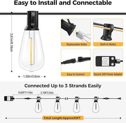 litogo 55FT LED Outdoor String Lights with Dimmer, Waterproof Patio Lights with ST38 Vintage Edison Bulbs, Warm White Outside Hanging Light with Timer for Yard Gazebo Party