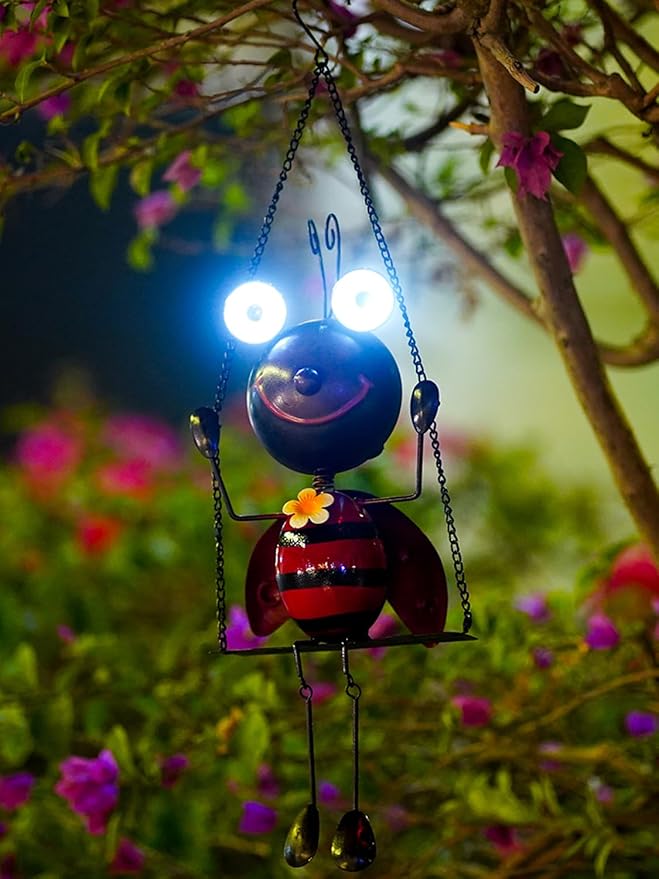 GDF Solar Lady Bugs Swing Metal Ladybug Hanging Animal Garden Decor Waterproof Solar Lights Decorative Outdoor | Lumora