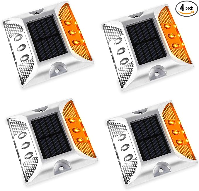 Aolyty Solar Driveway Lights Outdoor, Bright Solar Dock Lights, LED Warning Light Reflective Road Marker Steady Light IP65 Waterproof for Deck Sidewalk Stair Step Pathway (Yellow & White, 4 Pack)