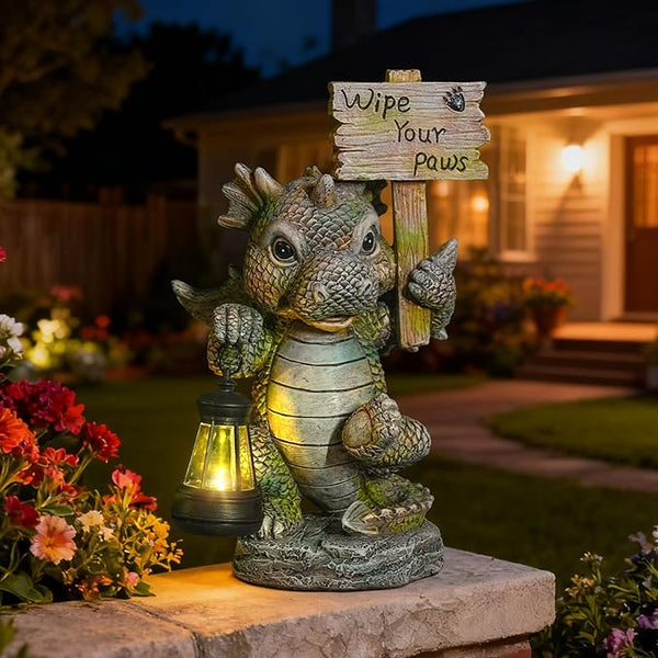 Solar Dragon Garden Statue with Lantern, Resin Outdoor Yard Decor Figurine, Waterproof Solar Powered Light for | Lumora
