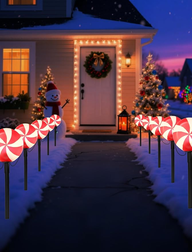 Set of 5 Peppermint Christmas Pathway Lights, Enchanting Outdoor Candy Cane Decorations for Yard, Bright C7 LED | Lumora
