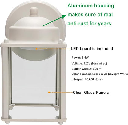 LIT-PaTH Outdoor LED Wall Lantern, Wall Sconce as Porch Lighting Fixture, 5000K Daylight White, 9.5W 800 Lumen, Aluminum Housing Plus Glass, White Finish-2Pack