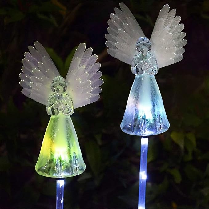 2 Packs Solar Angel Lights Outdoor, Color Changing Landscape Path Lights, Waterproof Cemetery Decorations for Grave, Memorial Garden, Backyard, Lawn, Pathway