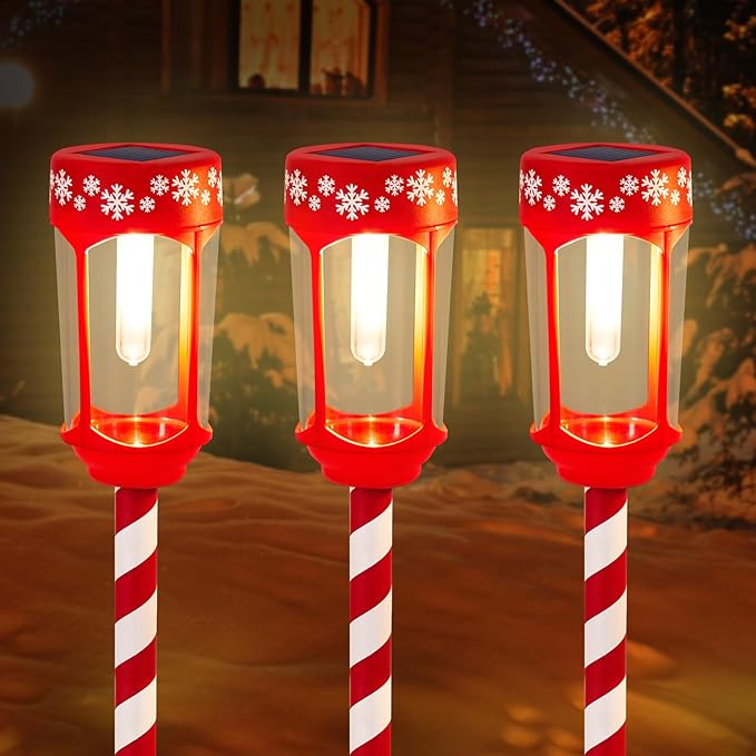 HUYIENO 8pk Solar Christmas Pathway Lights Stainless Steel Tube Glass Lens Decorative Outdoor Garden Path Lights Solar Powered Landscape Lighting for Walkway Yard Garden Lawn