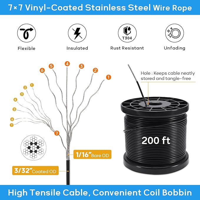 String Light Hanging Kit with 200FT Vinyl Coated Stainless Steel 304 Wire Rope Suspension Kit Included Enough | Lumora