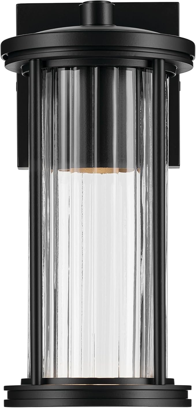 Kichler Barras 11.5" 1-Light Outdoor DarkSky Approved Wall Sconce with Clear Ribbed Glass in Black, Vertical Mount | Lumora
