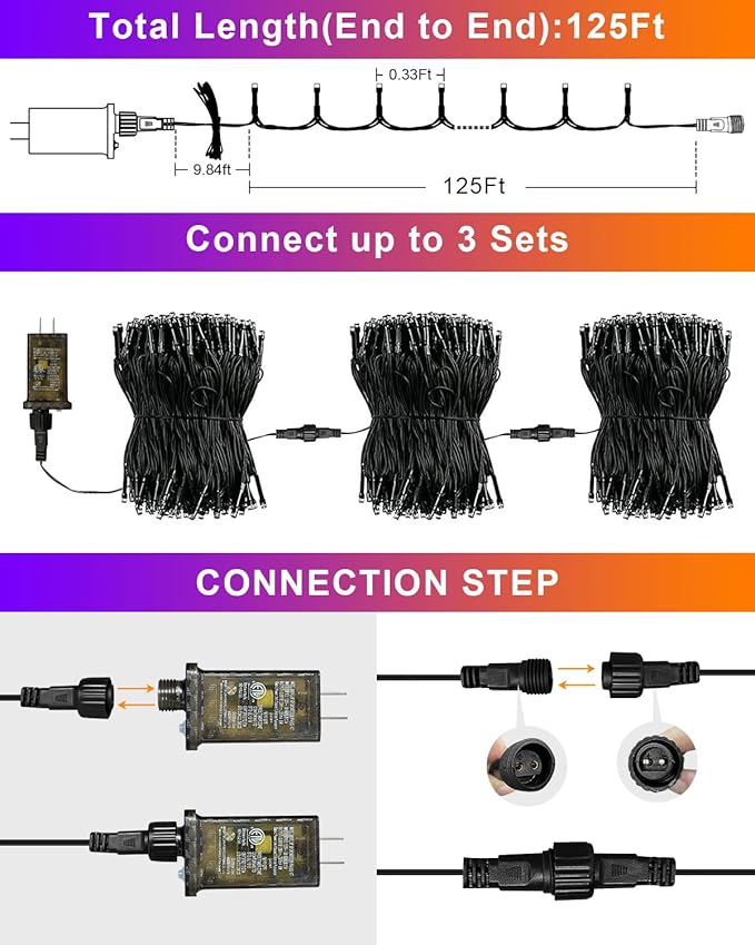125 FT 380 LED Halloween String Lights, Outdoor Waterproof Black Wire with 8 Modes, Timer & Memory, Plug-in | Lumora