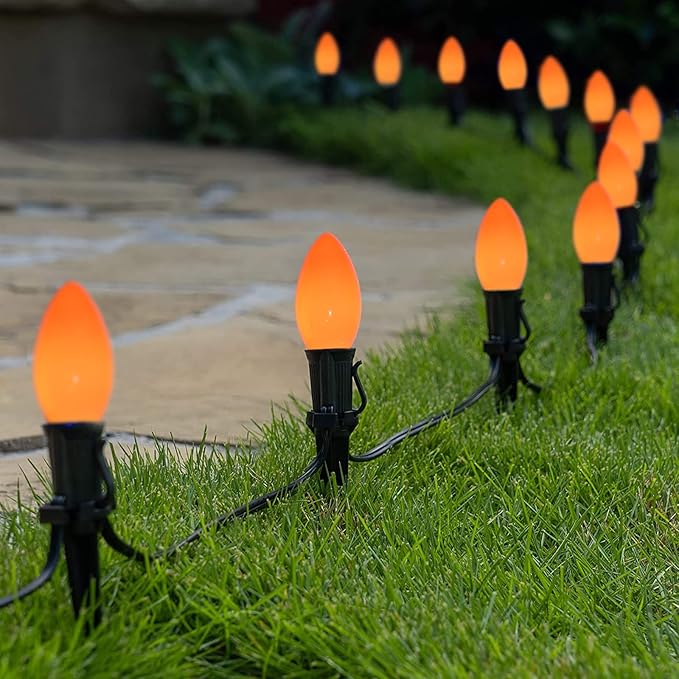 C9 Ceramics Orange String Lights, 25Ft Outdoor Halloween String Light with 26 Ceramics Orange Bulbs(1 Spare), Halloween Lights for Indoor Outdoor Party Holiday Decor, Black Wire