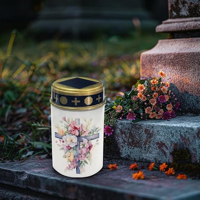 Cross Flower Solar Cemetery Light Holder, Grave Decorations for Cemetery, Solar Lights for Cemetery, Grave Markers for Cemetery Grave Outdoor