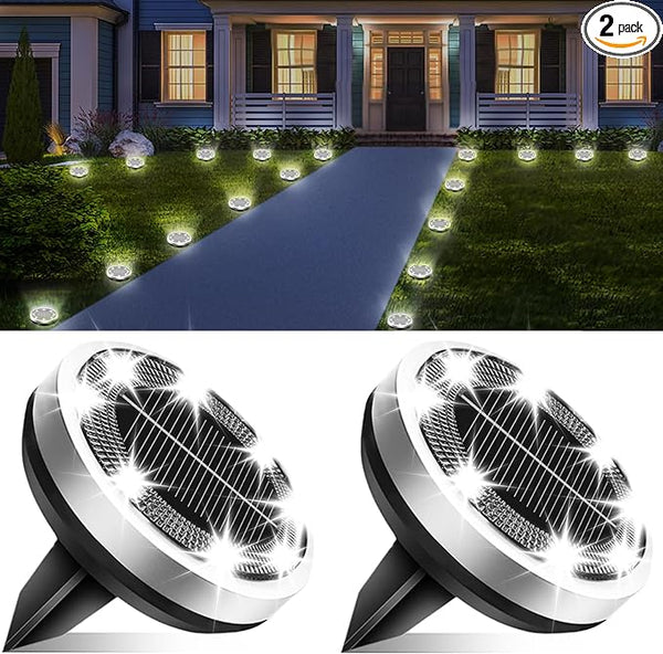 Solar Lights Outdoor Waterproof, 2 Pack 8 LED, Thickened Stainless Steel Ground Light, Solar Garden Lights | Lumora
