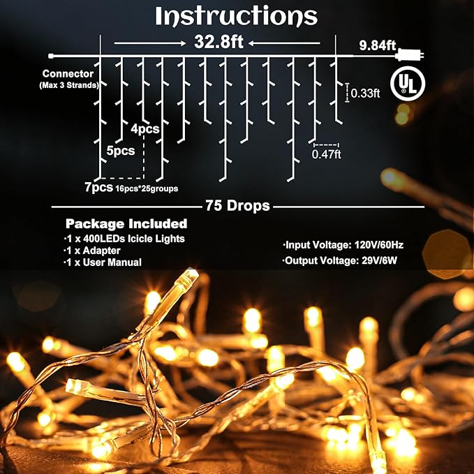 Icicle lights Outdoor - 33ft Christmas Lights with 400LED 75 Drops 8 Modes, Plug in Curtain String Lights | Lumora
