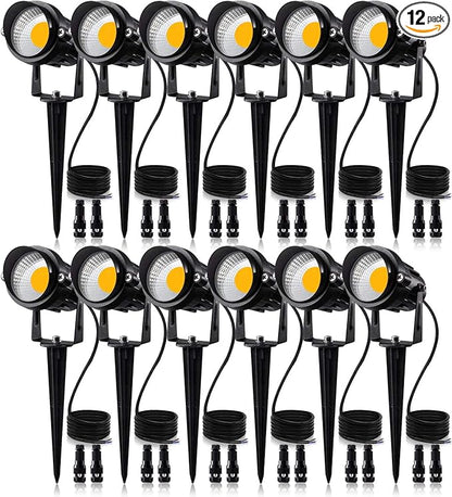 SUNVIE 12W Low Voltage LED Landscape Lights with Connectors, Outdoor 12V Super Warm White (900LM) Waterproof Garden Pathway Lights Wall Tree Flag Spotlights with Spike Stand (12 Pack with Connector)