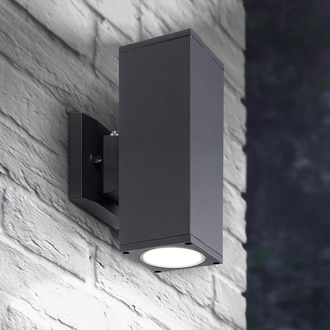 ASD 2 Light Square Dusk to Dawn LED Outdoor Wall Light Fixture | 18W 1900LM 3000K-5000K 120V Cylinder Up Down Lights | Exterior Wall Sconce | Front Door, Porch, Patio | Black, ETL