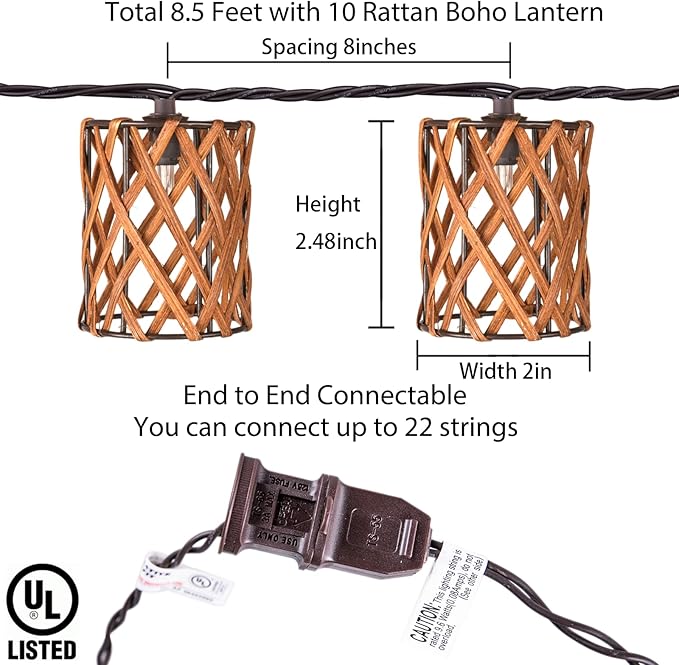 Decorative String Lights Plug in with 10 Incandescent Bulbs, Handwoven Rattan Cylinder-shaped Boho Lantern String Lights Connectable Weatherproof Outdoor Indoor for Bedroom Patio Pergola Decor (Brown)