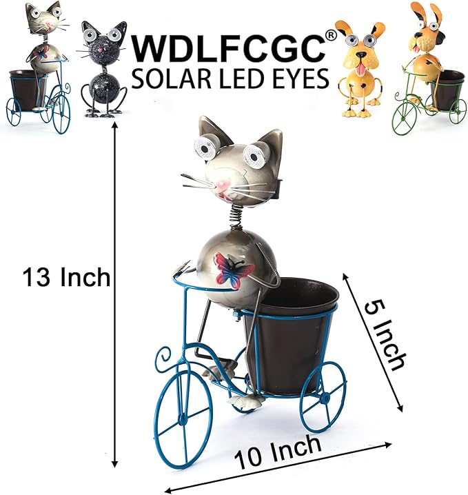 Metal Yard Art Cat on Bike Solar Statue Light, Solar Statue Light Garden Decoration, Best Gift for Cat Lovers.