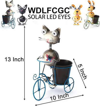 Metal Yard Art Cat on Bike Solar Statue Light, Solar Statue Light Garden Decoration, Best Gift for Cat Lovers.