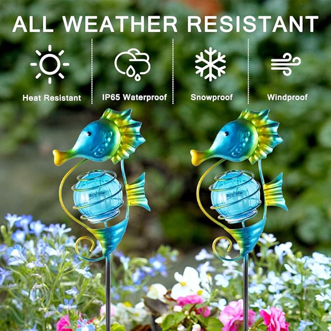 Solar Lights Outdoor 2 Pack,Metal Garden Decorative Stake Solar Lights Blue Seahorse Decor for Garden,Pathway,Lawn,Patio,Yard