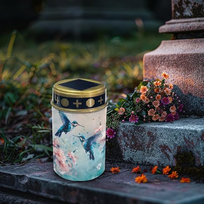 ZOUTAIRONG Solar Glass Light Garden Stake Light, Cemetery Decorations for Grave Outdoor Lights, Blue Hummingbird Floral Garden Lawn Yard Patio Decor-4 Pack