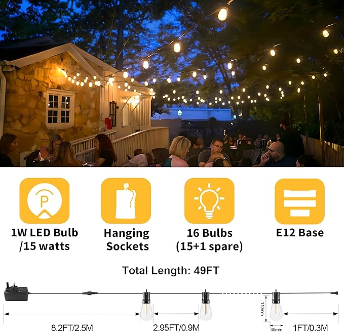 15M LED Outdoor String Lights Patio Dimmable Hanging Light with Remote, Waterproof Shatterproof Edison Bulbs, 3 | Lumora