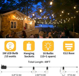 15M LED Outdoor String Lights Patio Dimmable Hanging Light with Remote, Waterproof Shatterproof Edison Bulbs, 3 | Lumora