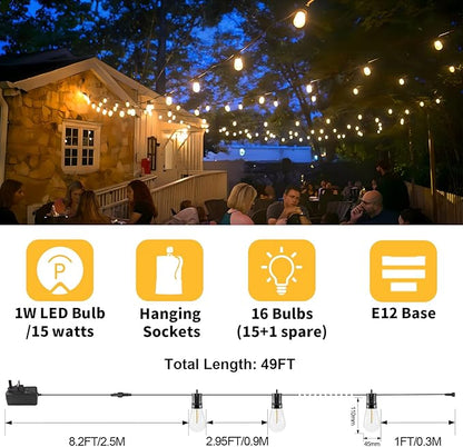 15M LED Outdoor String Lights Patio Dimmable Hanging Light with Remote, Waterproof Shatterproof Edison Bulbs, 3 Modes Outside Lighting Connectable for Graden Porch Backyard Balcony Deck