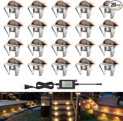 LED Outdoor Deck Lights Kits, Φ1.38in Warm White 20 Pack Bronze, Low Voltage 12 Volt DC IP65 Waterproof, Electric Wired Recessed Stair Step Riser Mini Under Landscape Lighting for Outside Yard