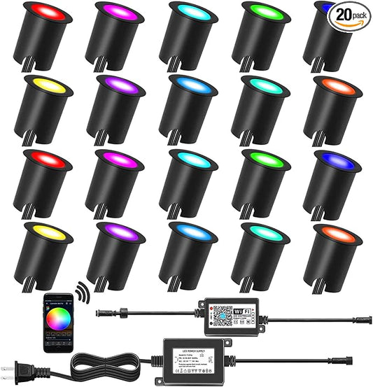 Smart LED Deck Lights Kit WiFi Controlled Color Changeable,Φ1.38“Outdoor IP67 Waterproof Low Voltage Step Lights with Protecting Shell,Works with Samrt Phone,Alexa,Google Home(20 Pack,WiFi)