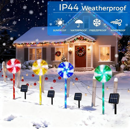 4PCS Lollipop Peppermint Solar Candy Cane Lights Outdoor - Christmas Solar Pathway Lights Christmas Lollipop Decorations 8 Modes Candy Cane Pathway Light for Outside Yard Walkway