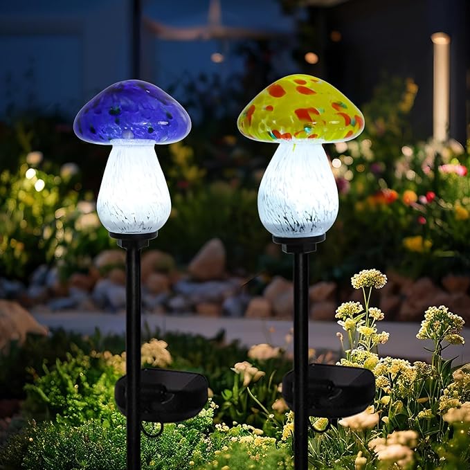 Afirst Solar Outdoor Lights Decorative Solar Glass Mushroom Lights Waterproof LED Waterproof Garden Stake Light for Walkway Pathway Lawn Patio Yard Decorations 2 Pack Yellow&Blue