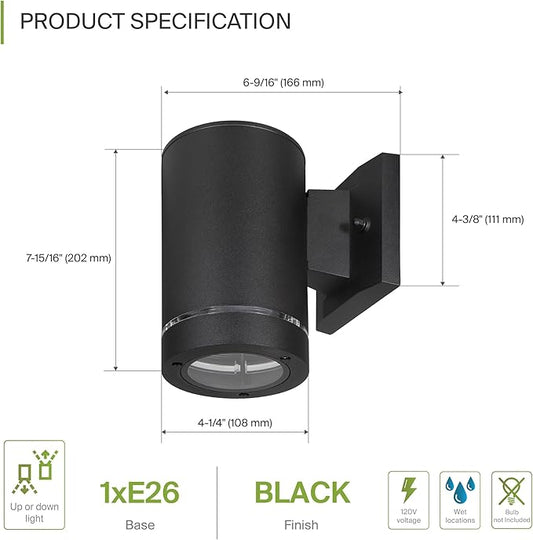 ASD 1 Light Outdoor Wall Light Fixture | 60W E26 Bulb Socket 120V ETL Cylinder Up Down Lights | LED/CFL/Incandescent Bulb Exterior Wall Sconce | Front Door, Porch Patio Lighting | Ringed Black