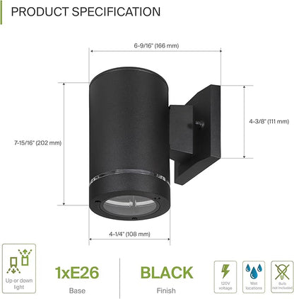 ASD 1 Light Outdoor Wall Light Fixture | 60W E26 Bulb Socket 120V ETL Cylinder Up Down Lights | LED/CFL/Incandescent Bulb Exterior Wall Sconce | Front Door, Porch Patio Lighting | Ringed Black, 2 Pack