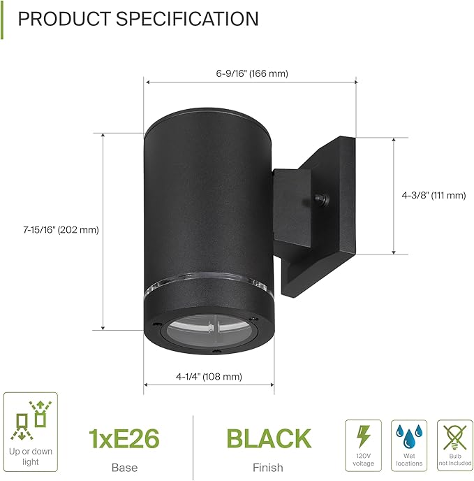 ASD 1 Light Outdoor Wall Light Fixture | 60W E26 Bulb Socket 120V ETL Cylinder Up Down Lights | | Lumora