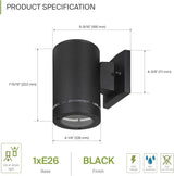 ASD 1 Light Outdoor Wall Light Fixture | 60W E26 Bulb Socket 120V ETL Cylinder Up Down Lights | | Lumora