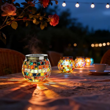 Cooo 6 Pack Gift for her him Landscape Lighting Path Lights Heavy Solar Mosaic Lantern with RGB Color-Changing Light – Dual Solar Panels, Red Amber Glass Tiles, Waterproof Outdoor