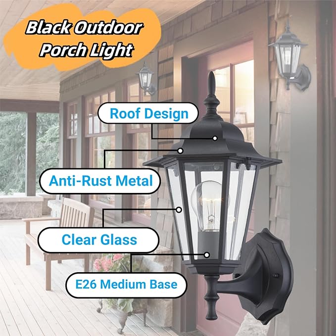 WISBEAM Outdoor Wall Lantern, Black Wall Sconce for House Porch Lighting Fixture, E26 Base 60W Max, Metal Housing | Lumora