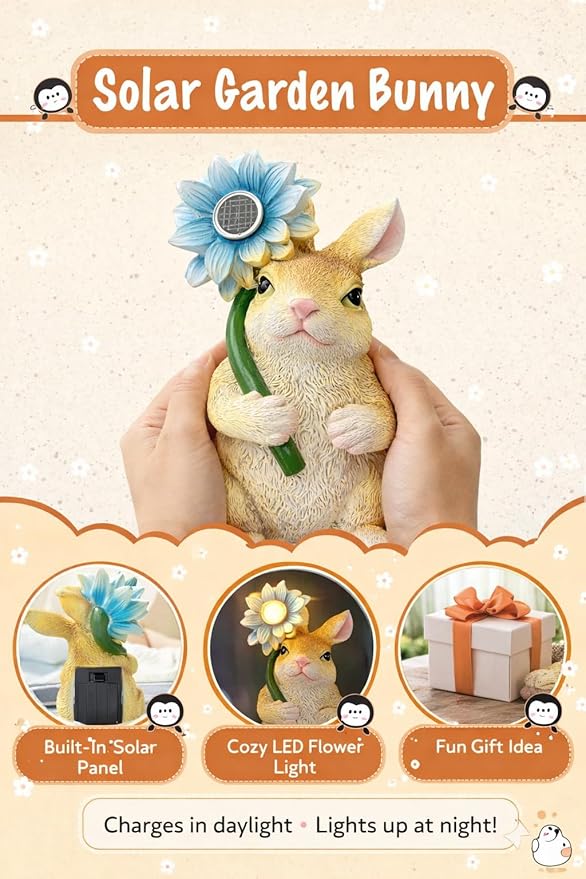 Solar Bunny Garden Statue with LED Flower – Hand-Painted Resin Rabbit Figurine, Outdoor Solar Light Decor for Yard, Patio, Porch, Lawn (Rabbit)