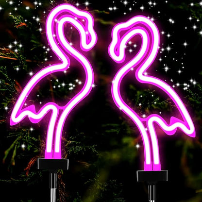 Flamingo Solar Lights Outdoor Neon Light Yard Pink Flamingo Waterproof Decorations for Garden Patio Yard Pathway Decoration(2 Pack)